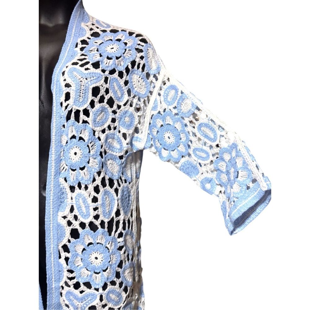 POL Blue Crochet Duster Cardigan Boho Kimono Open Knit Lace Patchwork Floral NEW - Picture 13 of 16